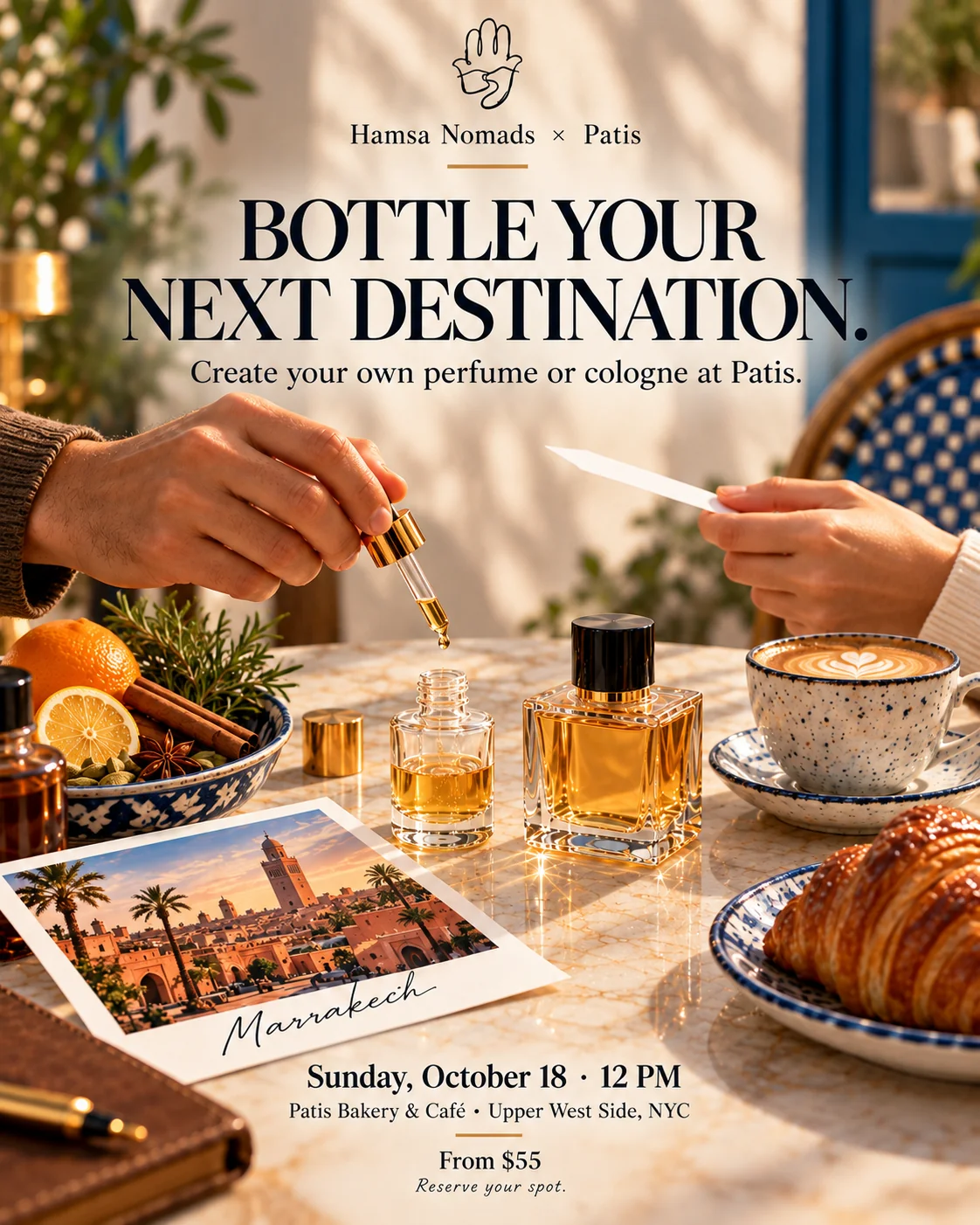 Hamsa Nomads Bottle Your Next Destination artwork: scent blending, a Marrakech postcard and café setting