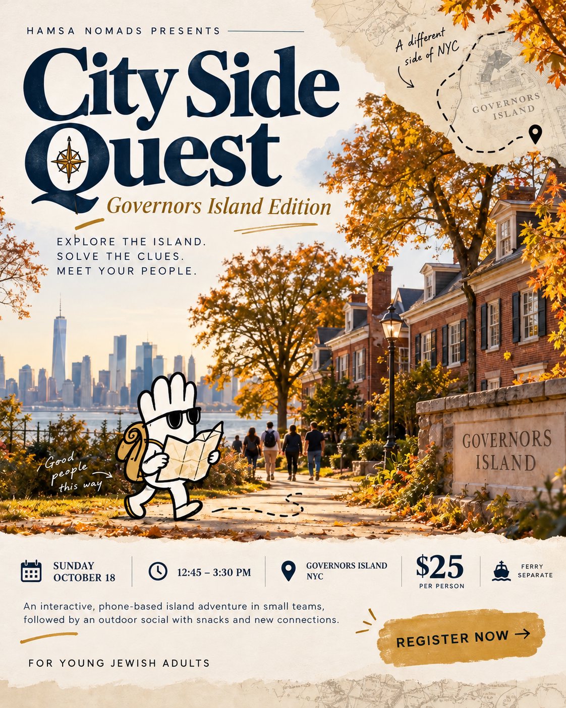 Autumn City Side Quest poster with Lulab exploring Governors Island