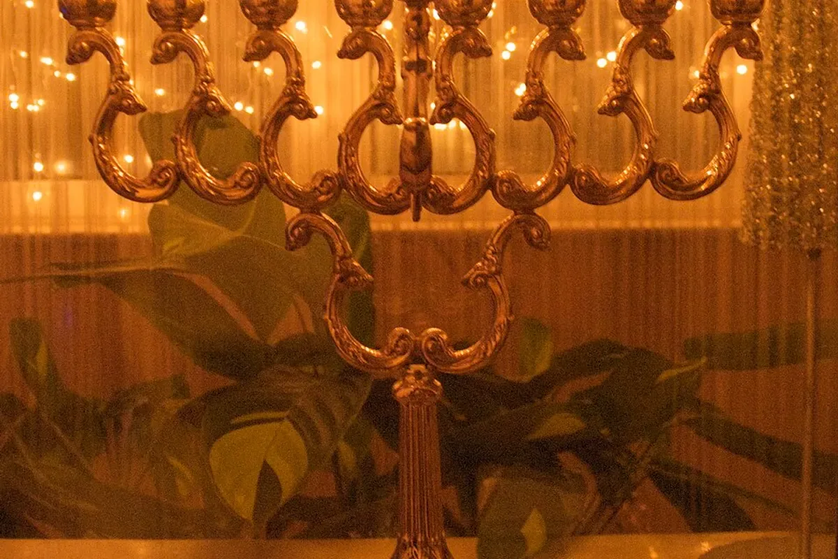 Lit Hanukkah menorah for a Hanukkah Shabbos weekend