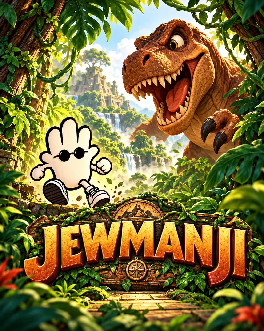 Jewmanji jungle artwork featuring a playful dinosaur and the Hamsa character