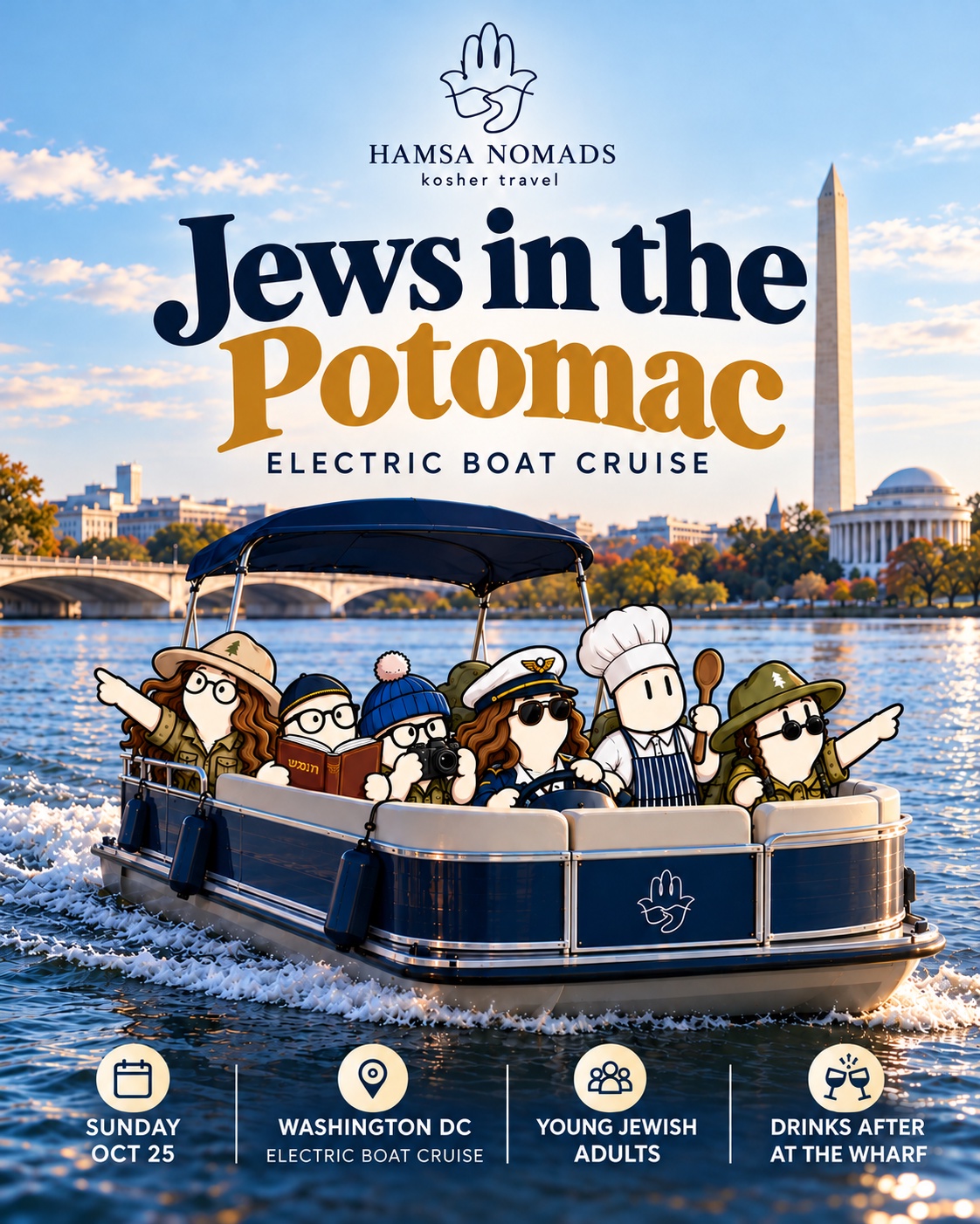 Jews in the Potomac electric boat cruise poster with Hamsa Nomads Lulab characters and Washington DC skyline