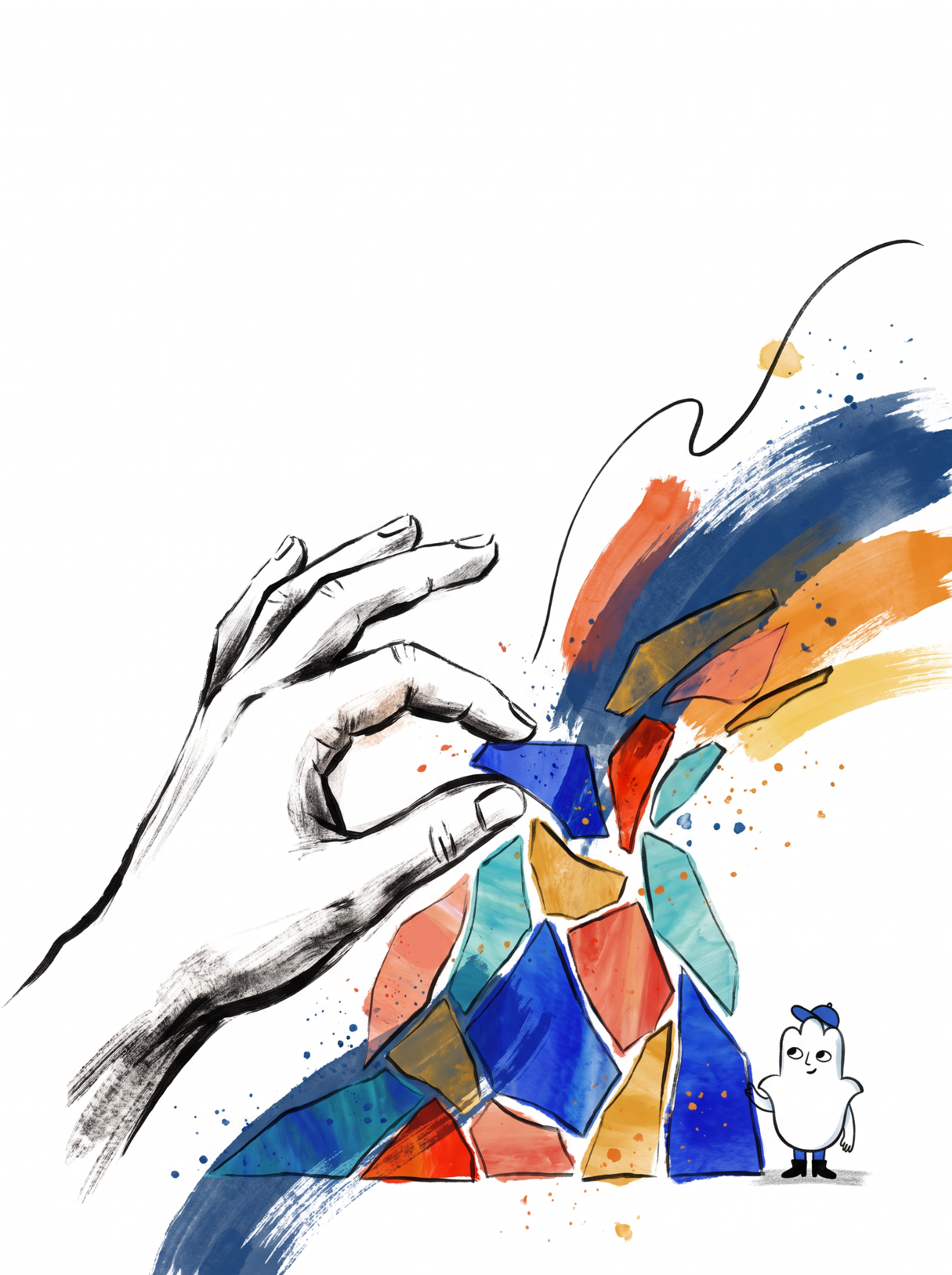 Original Hamsa Nomads artwork: a sketched hand arranging colorful glass, sweeping paint strokes, and Lulab.