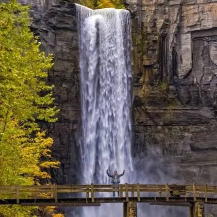 Waterfall and footbridge at Ithaca Falls