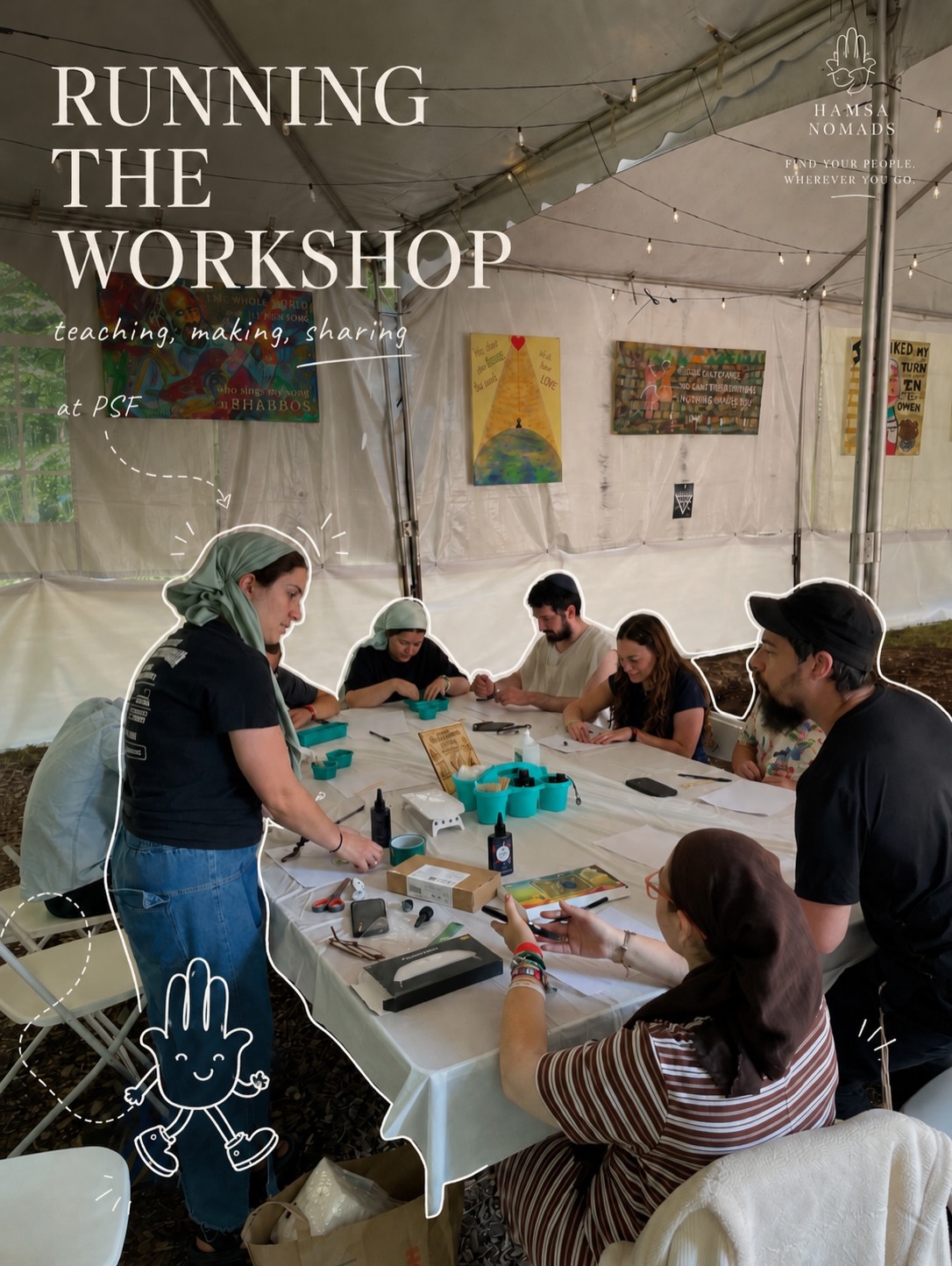 A Hamsa Nomads workshop group making art together.