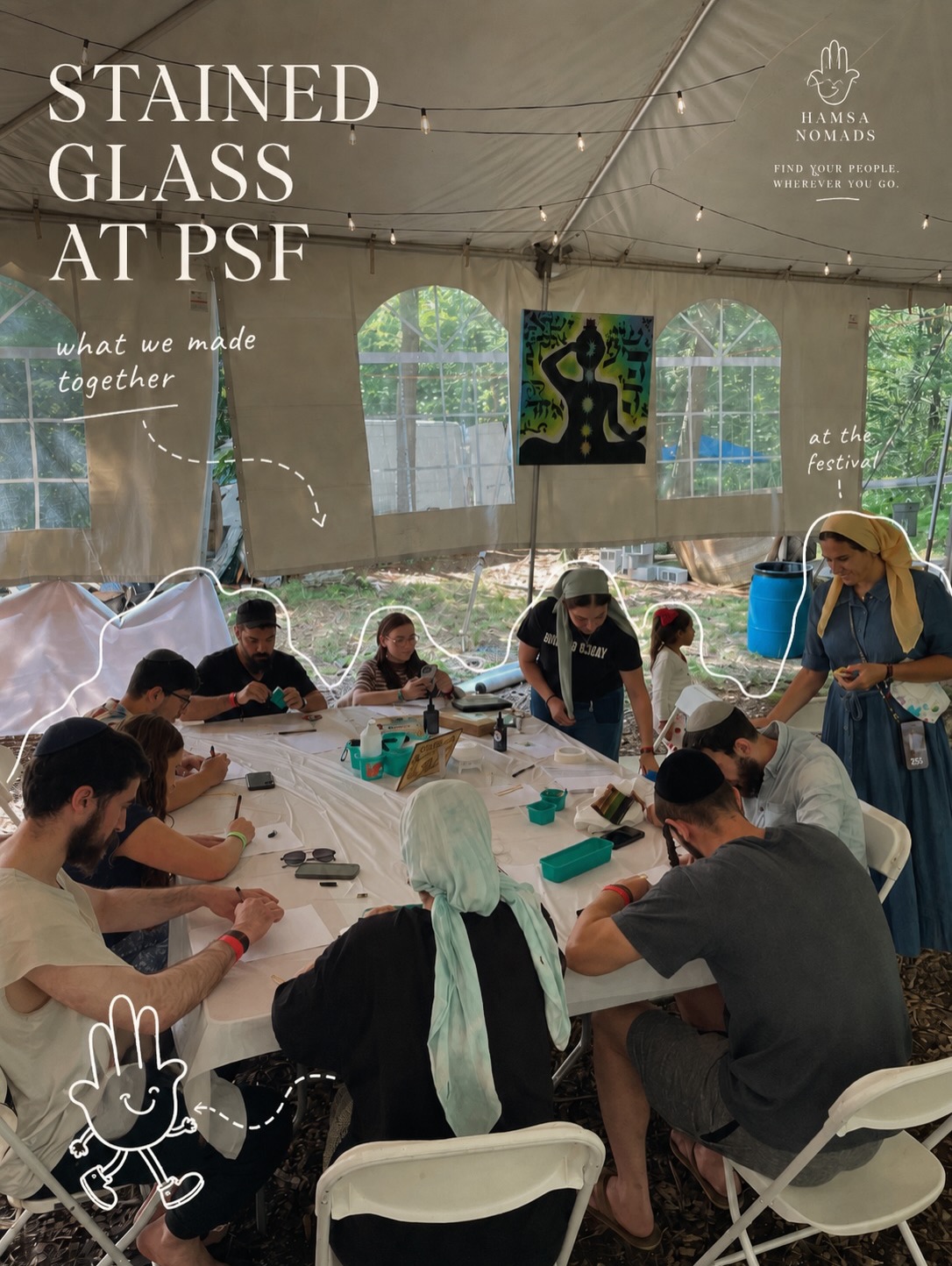 Participants creating stained-glass pieces around a workshop table.